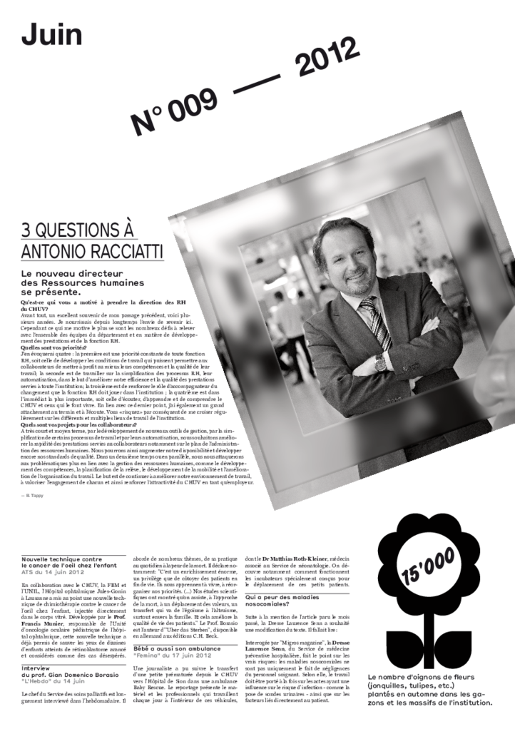 Bloc-notes numéro 009, juin 2012 au CHUV. Antonio RACCIATTI, directeur des ressources humaines