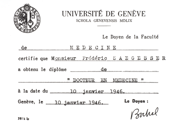 Diplôme du Professeur Frédéric SAEGESSER, chirurgie générale