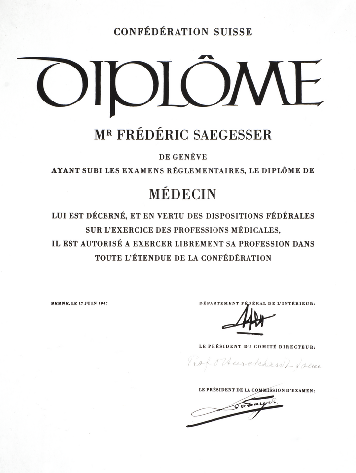 Diplôme du Professeur Frédéric SAEGESSER, chirurgie générale